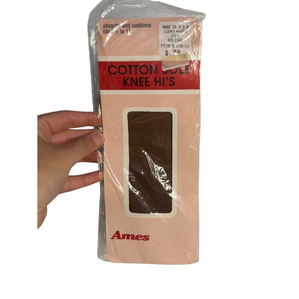 VTG 1980s Ames Cotton Sole Knee Highs - Beige, SZ 8½–11, NOS Hosiery Comfortable